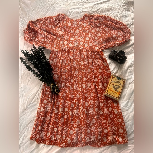 Boho Floral Midi Dress Rust Red White Print Bishop Sleeves Tie Back Small - Picture 3 of 8
